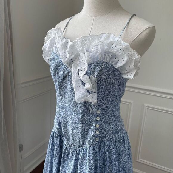 Vintage 80s Sweetheart Midi Fit Flare Romantic Feminine Dress Blue White Lace S - Picture 4 of 10